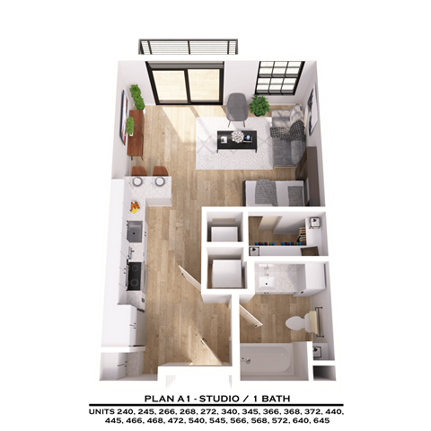 Floor plan for studio, 1 bath, 490 sqft